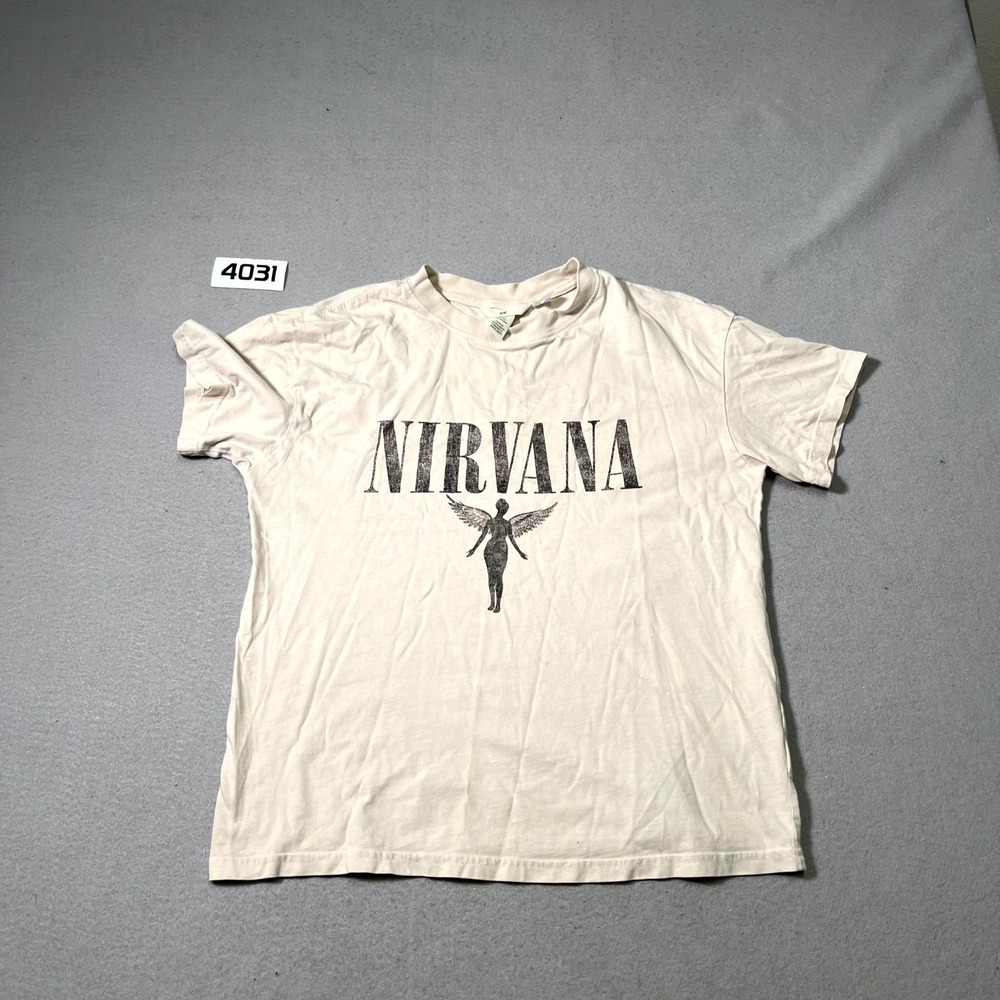 Nirvana In Utero Album‎ T Shirt Womens XS Beige Graphic Spellout Print Crew Neck